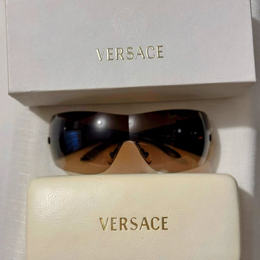 VERSACE Womens Vintage Sunglasses Brown Tortoise Shield